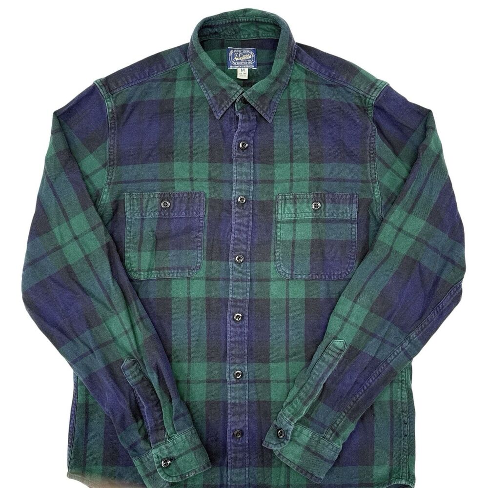 J Crew Button Up Shirt Mens Size Medium Slim Blue Tan Plaid Chest Pockets Casual